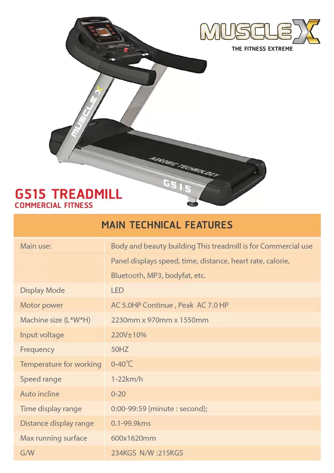 Treadmill-G515-Muscle-X มอเตอร์ 4 HP AC Motor, Peak HP: 7HP